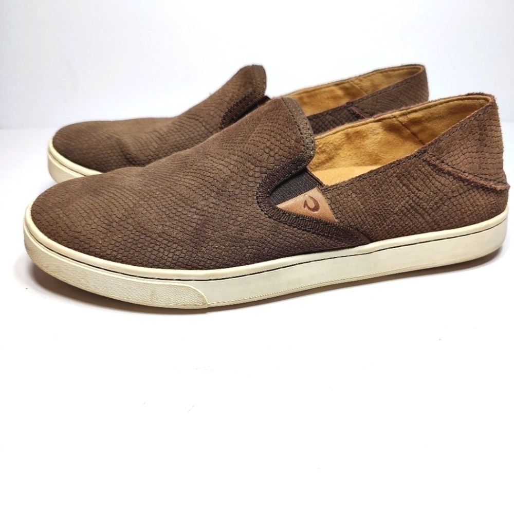 Olukai Pehuea Mocha Snake Grain Leather Suede Upper Shoe Women's Size 8.5